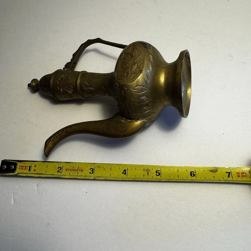 Vintage Mini‎ Brass Genie Oil Pitcher Etched Lid Decanter 6